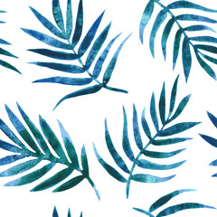 vector seamless pattern of aquamarine watercolor palm leaves. for fabric, clothing, wrapping paper and any background.