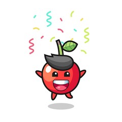 Fototapeta premium happy cherry mascot jumping for congratulation with colour confetti