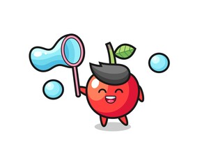 happy cherry cartoon playing soap bubble