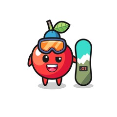 Illustration of cherry character with snowboarding style