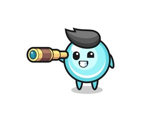 cute bubble character is holding an old telescope