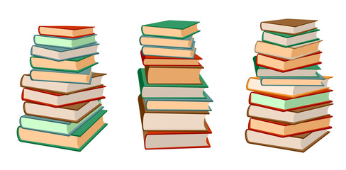 Books stack vector illustration set. Pile of books. Hardback books composition. Large collection of books.