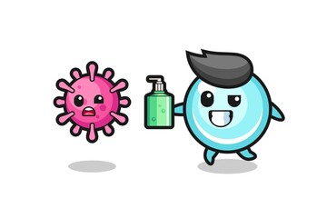 illustration of bubble character chasing evil virus with hand sanitizer