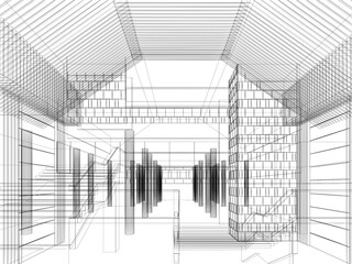 sketch design of interior hall, 3d rendering