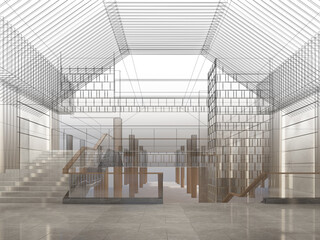sketch design of interior hall, 3d rendering