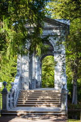 Russia Pushkin June 15, 2020 Tsarskoe Selo, Ekaterininsky Park, Palladiev Bridge and marble balls