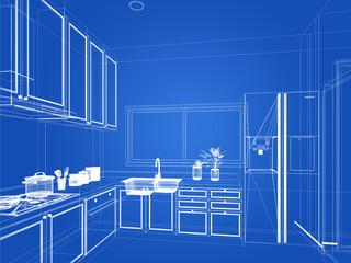 abstract sketch design of kitchen room ,3d rendering