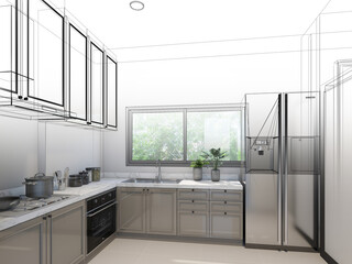 abstract sketch design of kitchen room ,3d rendering