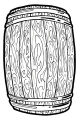 Old wooden barrel for beer with a tap. Hand drawn isolated illustration with the inscription on a white background