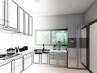 abstract sketch design of kitchen room ,3d rendering