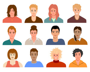 Avatars with young people s faces. Portraits of diverse men and women of different races. User profiles. Set of different people avatars. Colored flat vector illustration. Multiethnic user avatar