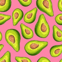 Healthy food. Ripe sliced avocado. Seamless background with pattern.