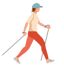 Girl doing Nordic Walk outdoors. Young woman hiking with walking poles exersising nordic walking. Healthy lifestyle illustration in contemporary flat style. Isolated