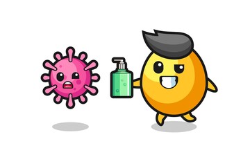 illustration of golden egg character chasing evil virus with hand sanitizer