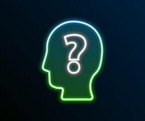 Glowing neon line Human head with question mark icon isolated on black background. Colorful outline concept. Vector