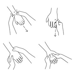 Massage. Yumeiho therapy line set. Instructions for performing massage techniques, kneading and mobilizing the joints of the palm. Simple vector illustration for physical therapy guidelines, websites.