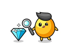 golden egg mascot is checking the authenticity of a diamond