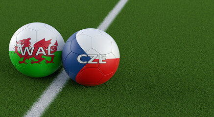 Wales vs. Czech Republic Soccer Match - Leather balls in Wales and Czech Republic national colors on a soccer field. Copy space on the right side - 3D Rendering 