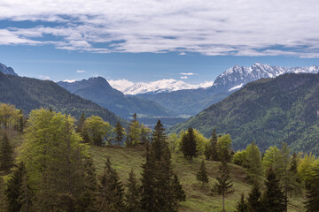 Fototapeta na wymiar Blick ins Tal und Berge von der Obaerauerbrunsbach Alm