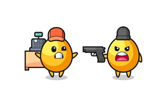 illustration of the cute golden egg as a cashier is pointed a gun by a robber
