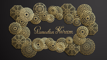 Ramadan Kareem Gold lettering. Islamic round pattern set in arabic style on black background. Vector illustration.