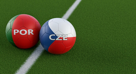 Portugal vs. Czech Republic Soccer Match - Leather balls in Portugal and Czech Republic national colors on a soccer field. Copy space on the right side - 3D Rendering 