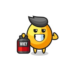the muscular golden egg character is holding a protein supplement