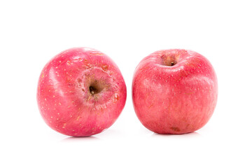 Ripe red apple fruit with apple half and green apple leaf isolated on white background. Apples and leaf with clipping path
