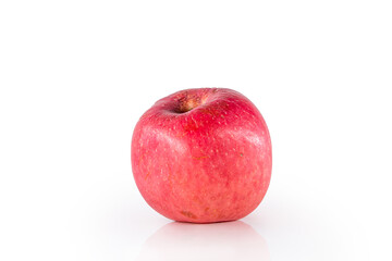 Ripe red apple fruit with apple half and green apple leaf isolated on white background. Apples and leaf with clipping path
