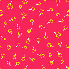 Line Four leaf clover icon isolated seamless pattern on red background. Happy Saint Patrick day. Vector