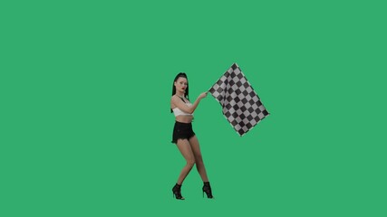 Sexy brunette waving black and white checkered racing flag to signal start of competition. Young woman posing full length against background of green screen. Slow motion ready, 4K at 59.94fps