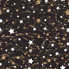 Seamless grunge pattern with gold and white stars and dots on black background.