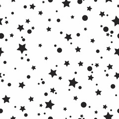 Fototapeta na wymiar Seamless cute pattern with little rounded back stars, dots and circles on white background.
