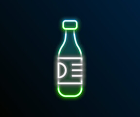 Glowing neon line Bottle of water icon isolated on black background. Soda aqua drink sign. Colorful outline concept. Vector