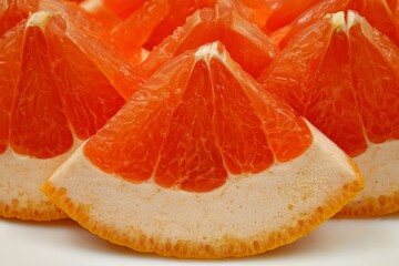 Triangular slices of ripe red grapefruit are laid out on a plate, background