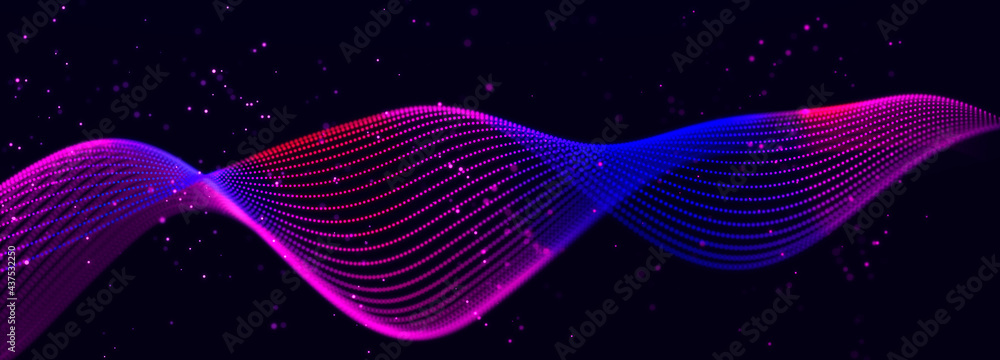 Aufkleber Futuristic wave on dark background. Colored pattern of connection dots and lines. Technology Banner. 3D Widescreen