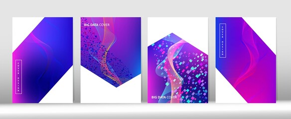 Modern Covers Set. Big Data Neon Tech Wallpaper. 3D Liquid Shapes Minimal Cover Layout.