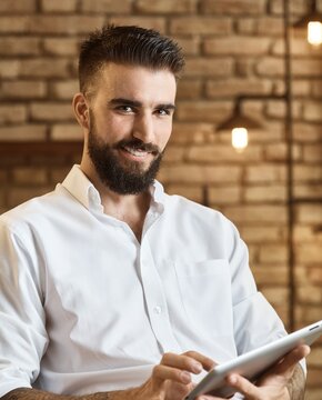 Happy bearded man using tablet at trendy home smiling, looking at camera.