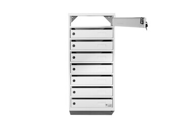 Mail boxes filled of leaflets and letters. Shallow DOF,Mailboxes and Lock in Rows at Entrance