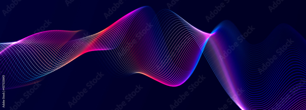Aufkleber Futuristic wave on dark background. Colored pattern of connection dots and lines. Technology Banner. 3D Widescreen