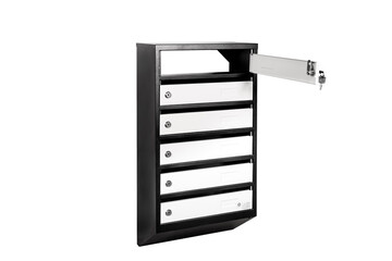 Mail boxes filled of leaflets and letters. Shallow DOF,Mailboxes and Lock in Rows at Entrance