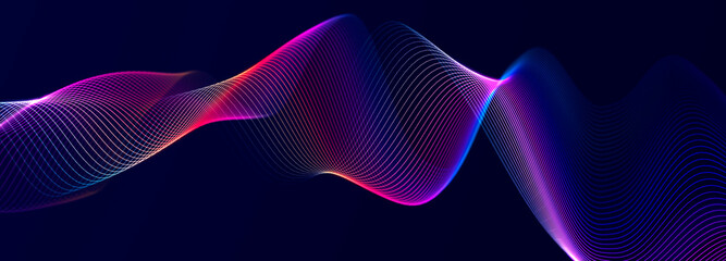 Futuristic wave on dark background. Colored pattern of connection dots and lines. Technology Banner. 3D Widescreen - obrazy, fototapety, plakaty