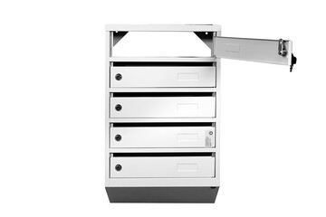 Mail boxes filled of leaflets and letters. Shallow DOF,Mailboxes and Lock in Rows at Entrance