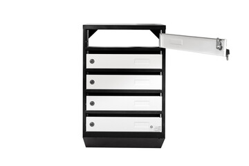 Mail boxes filled of leaflets and letters. Shallow DOF,Mailboxes and Lock in Rows at Entrance