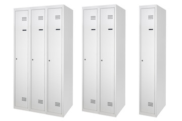 White lockers with silver numbers in bright interior. Change room metal box row