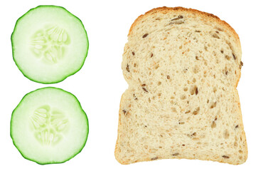 Sliced fresh cucumber and a slice of bread on an isolated white background.