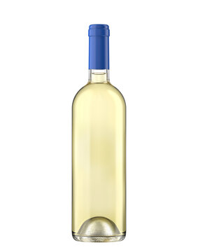 Bottle of white wine, Decò type with blue capsule, isolated on a white background, to make packshot and mockup, 3d rendering.