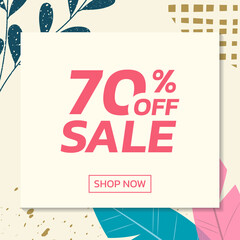 Fototapeta premium Social media sale post with floral background. Trendy banner design template with leaves. Modern discount cards with 70 percent price off. Vector illustration.