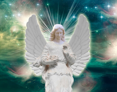 beautiful angel archangel over mystic sky with galaxy, rays of light and stars background 