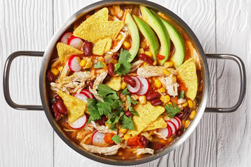 Mexican tortilla soup with chicken, top view